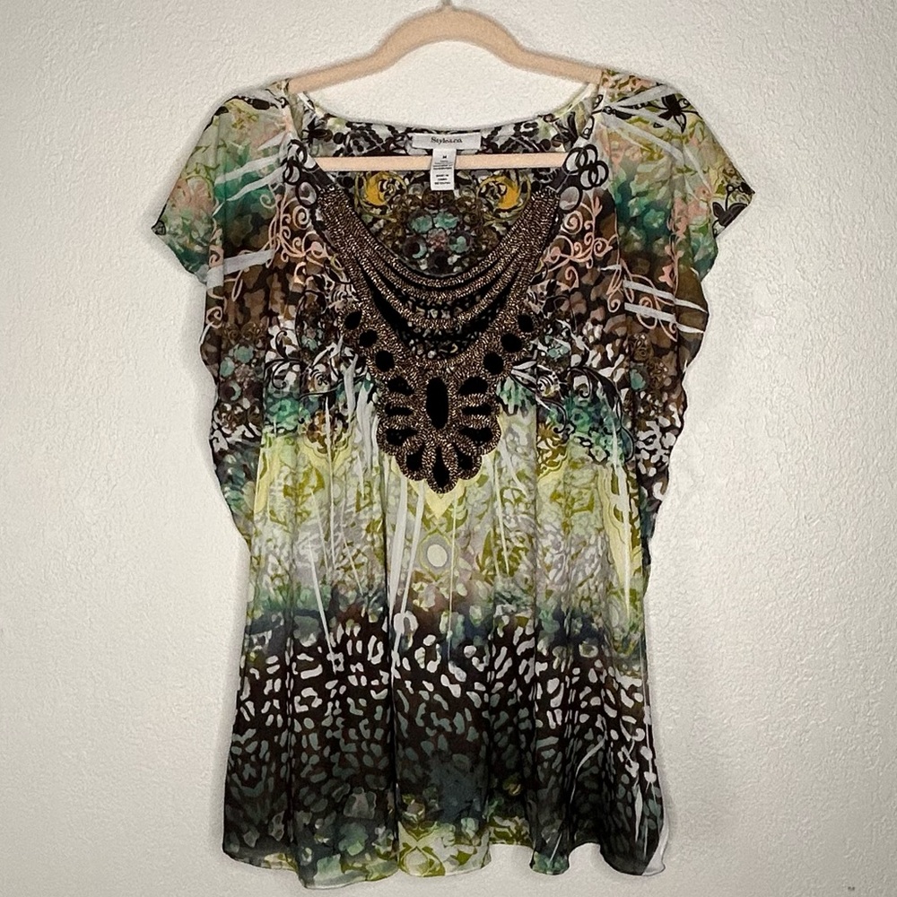 STYLE&CO Muticolor Sheer-like Boho Tunic w/ Gold Embellished Crochet Appliqué